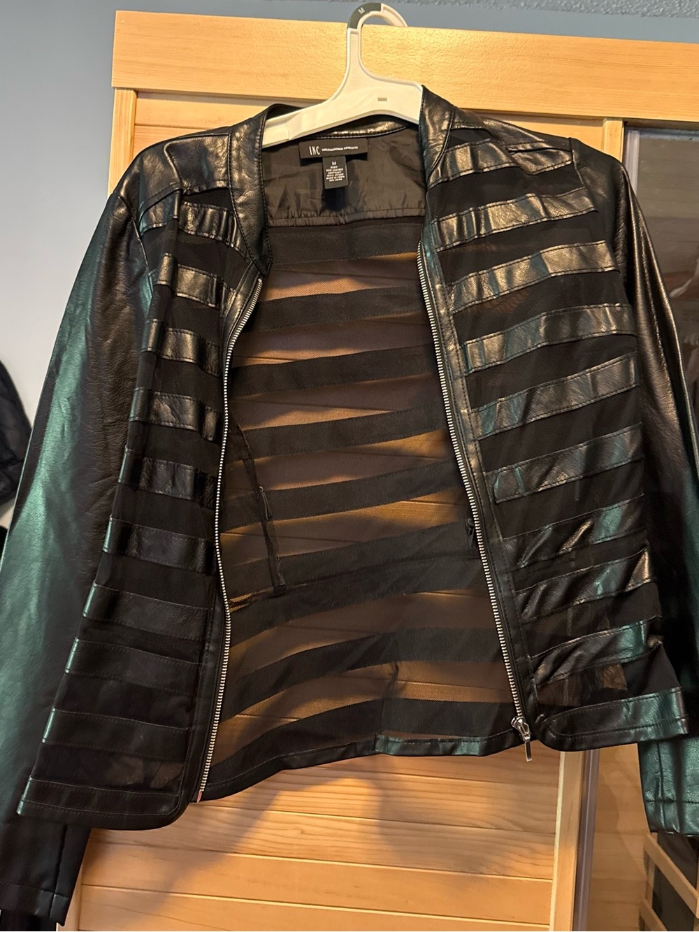 INC International Concepts Black Striped Faux-Leather Bomber Jacket